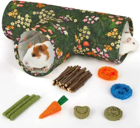 Guinea Pig Tunnel, Collapsible 3 Way Guinea Pigs Hideout Washable Rabbit Tunnel with Chew Toys Rabbit Toys for Guinea Pig Cage Accessories