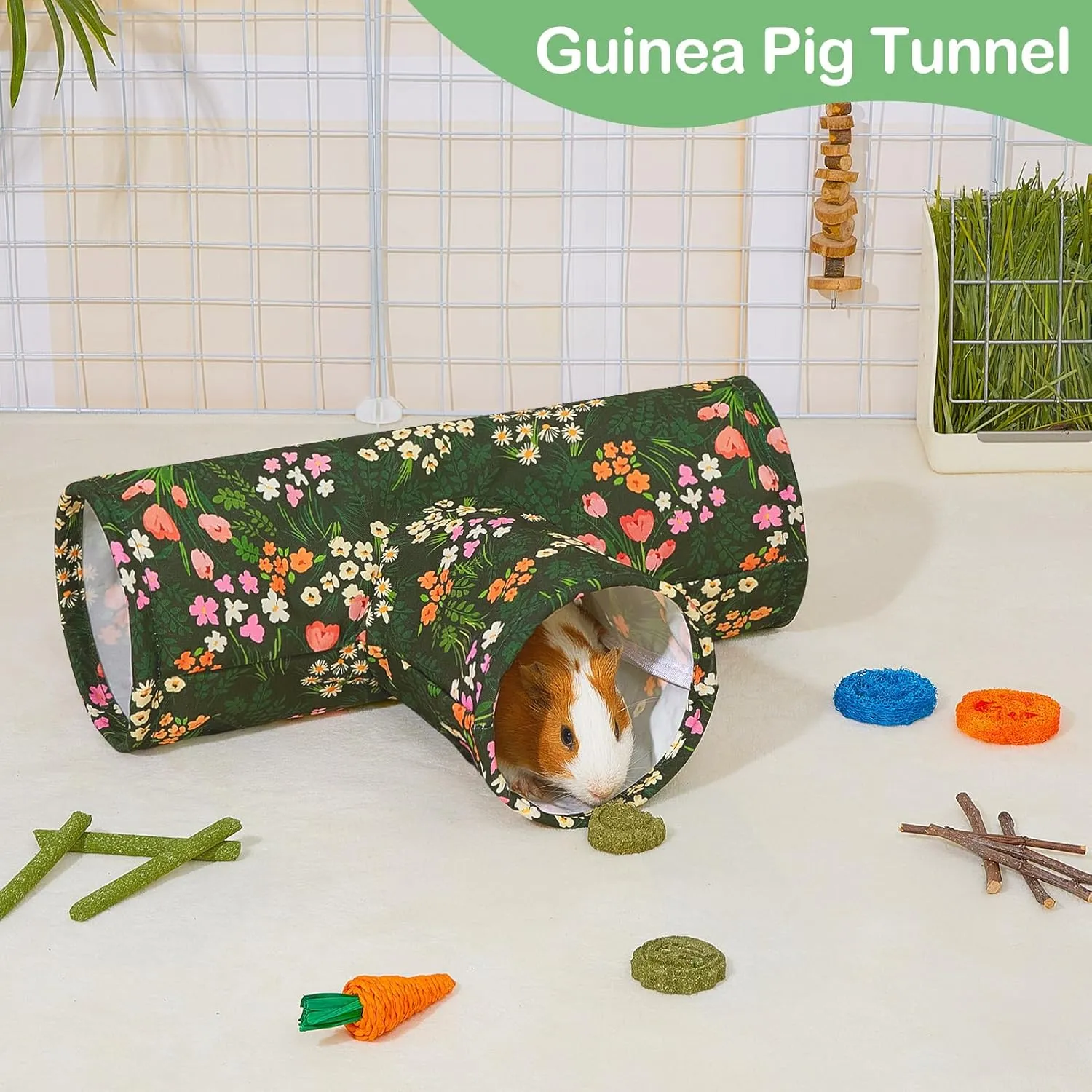 Guinea Pig Tunnel, Collapsible 3 Way Guinea Pigs Hideout Washable Rabbit Tunnel with Chew Toys Rabbit Toys for Guinea Pig Cage Accessories