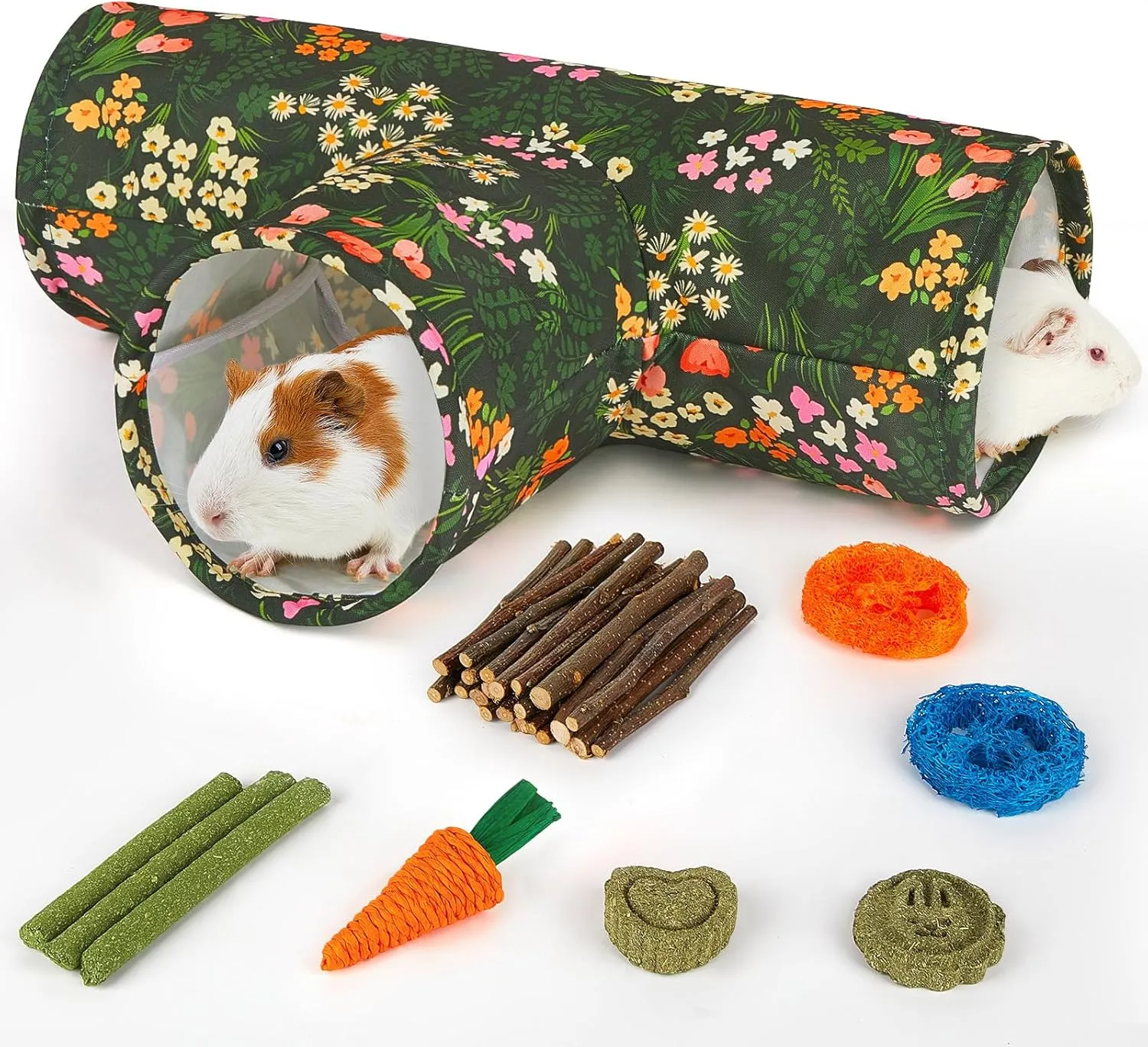 Guinea Pig Tunnel, Collapsible 3 Way Guinea Pigs Hideout Washable Rabbit Tunnel with Chew Toys Rabbit Toys for Guinea Pig Cage Accessories