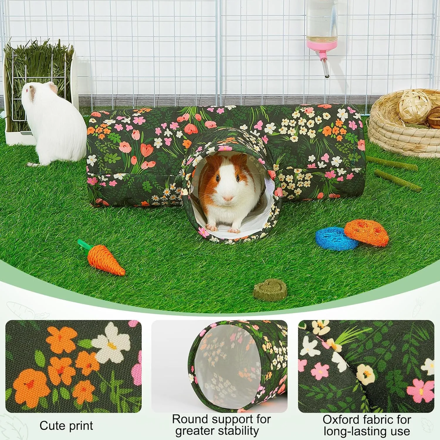 Guinea Pig Tunnel, Collapsible 3 Way Guinea Pigs Hideout Washable Rabbit Tunnel with Chew Toys Rabbit Toys for Guinea Pig Cage Accessories