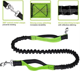 Hands-Free Dog Leash with Bungee and Zipper Pouch  Adjustable Waist Belt (51 to 59), Dual Padded Handles, Durable for Dogs 25-120 lbs  Perfect for Walking, Running, or Jogging (Green)