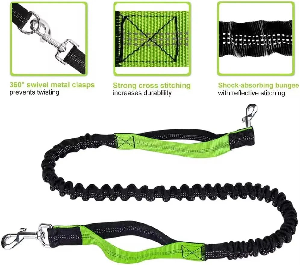 Hands-Free Dog Leash with Bungee and Zipper Pouch  Adjustable Waist Belt (51 to 59), Dual Padded Handles, Durable for Dogs 25-120 lbs  Perfect for Walking, Running, or Jogging (Green)