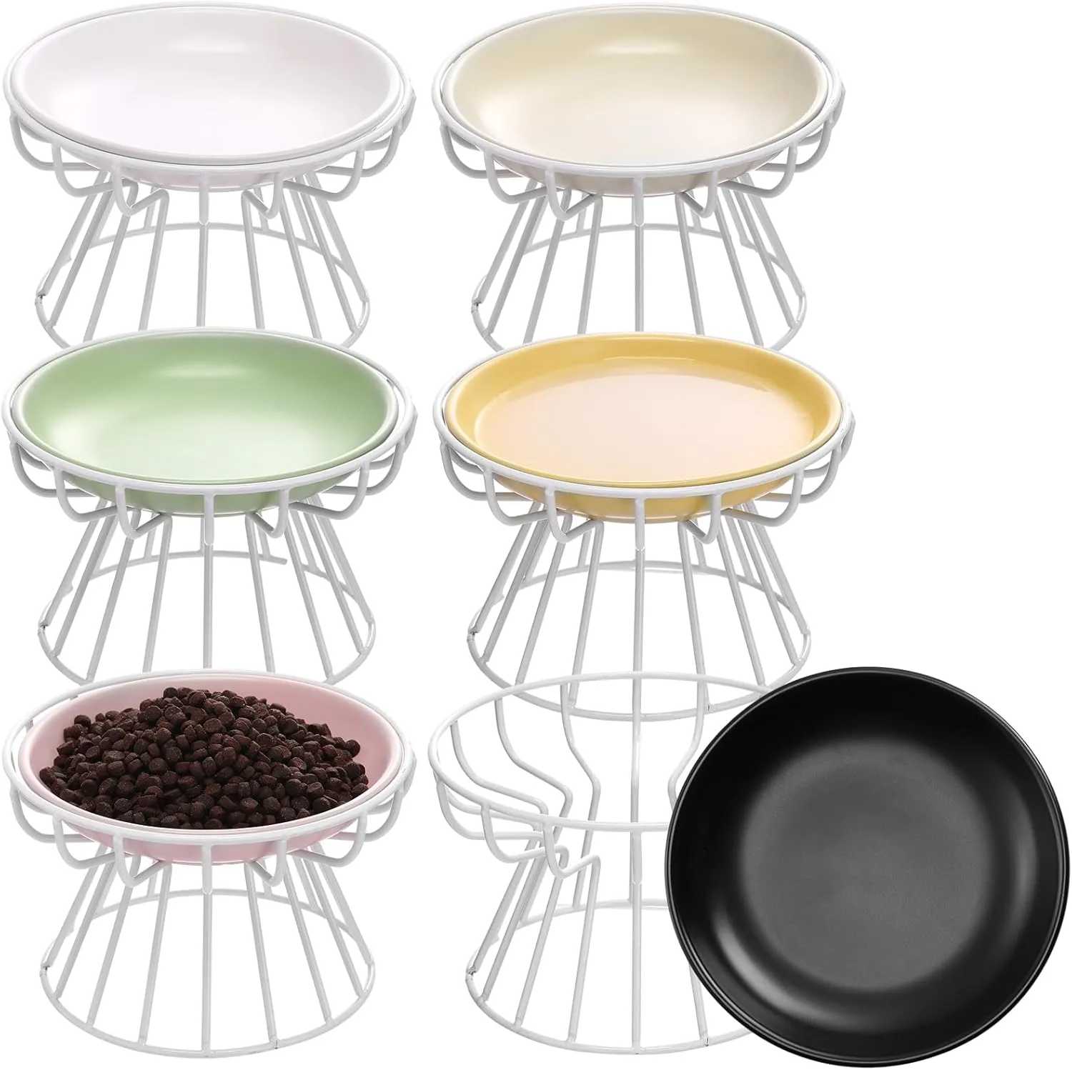 Hushee 6 Pcs Raised Cat Bowls Elevated Ceramic Cat Food Bowls with Metal Stand Anti Vomit Feeding Dishwasher Safe Shallow Ceramic Water Food Plate for Kitten Small Dogs