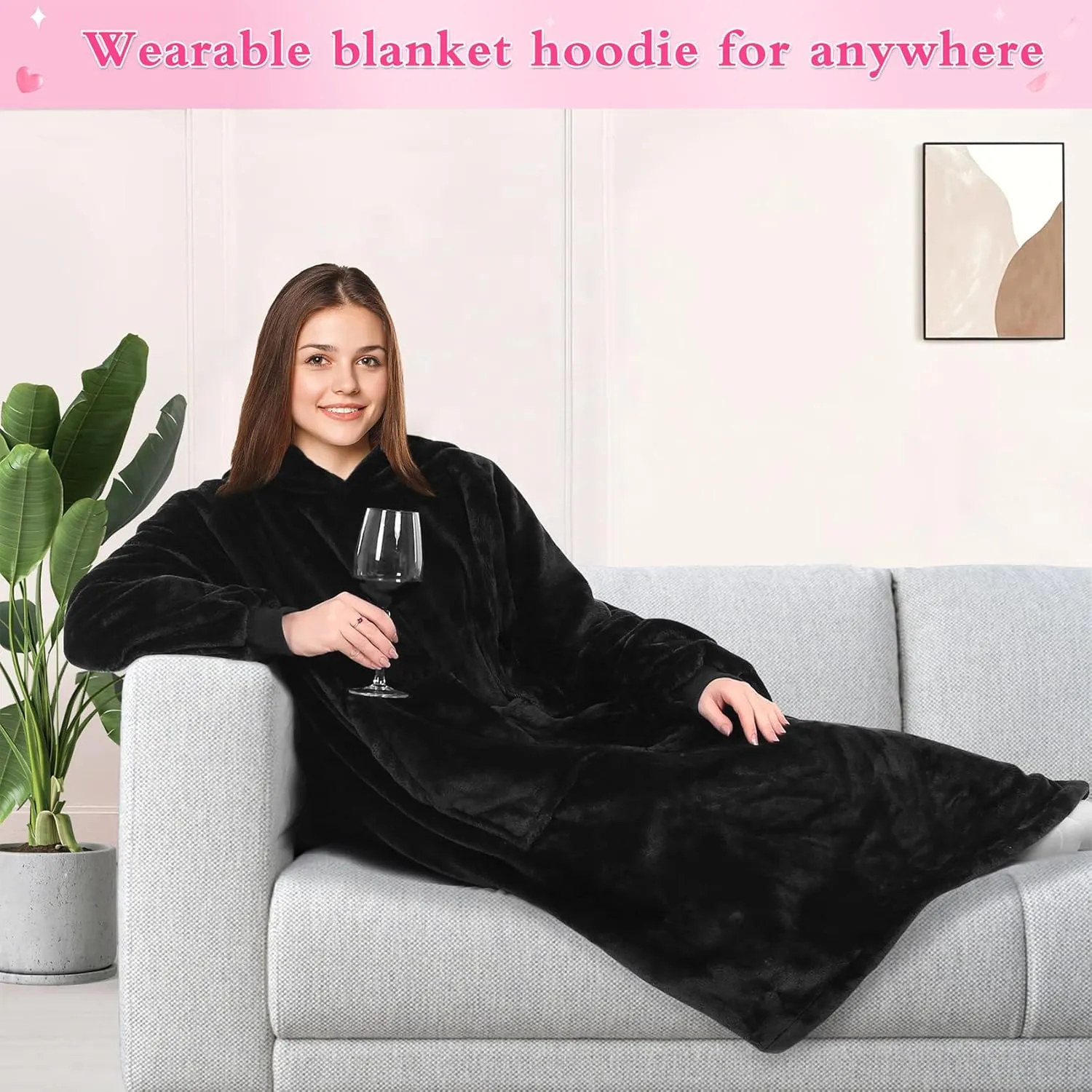 KPBLIS Wearable Blanket Hoodie Gifts for Women and Men, Oversized Wearable Hoody Blanket Sweatshirt, Warm Cozy Giant Fleece Blanket with Sleeves and Pocket for Adults, Black