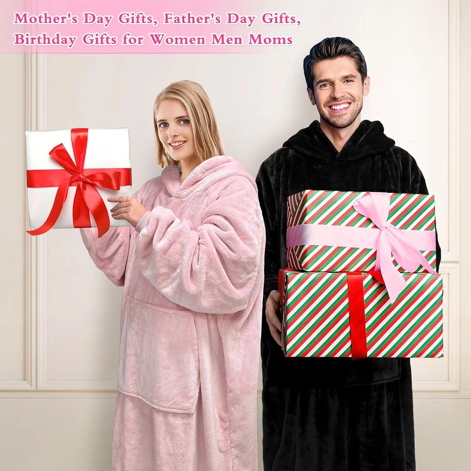 KPBLIS Wearable Blanket Hoodie Gifts for Women and Men, Oversized Wearable Hoody Blanket Sweatshirt, Warm Cozy Giant Fleece Blanket with Sleeves and Pocket for Adults, Black