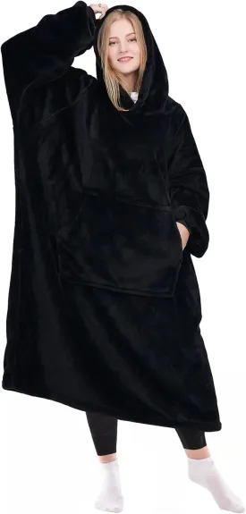 KPBLIS Wearable Blanket Hoodie Gifts for Women and Men, Oversized Wearable Hoody Blanket Sweatshirt, Warm Cozy Giant Fleece Blanket with Sleeves and Pocket for Adults, Black