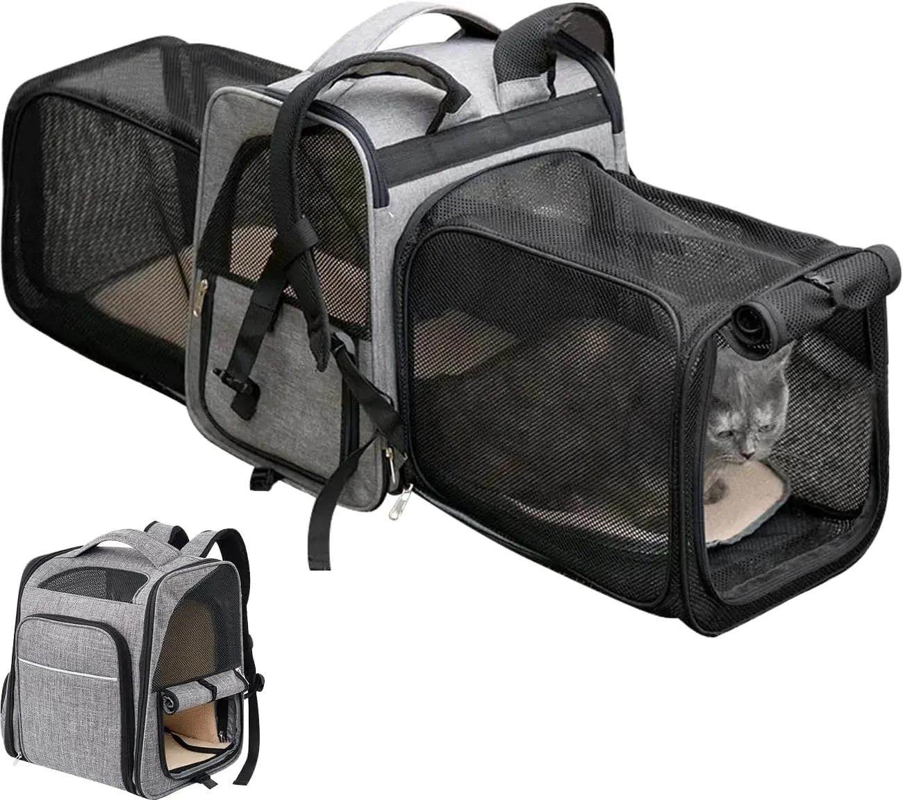 La La Pet Expandable Cat Backpack with Breathable Mesh Pouches Collapsible Side Bags for Cats and Dogs Up to 16 Pounds Portable Pet Carrier for Outdoor Travel