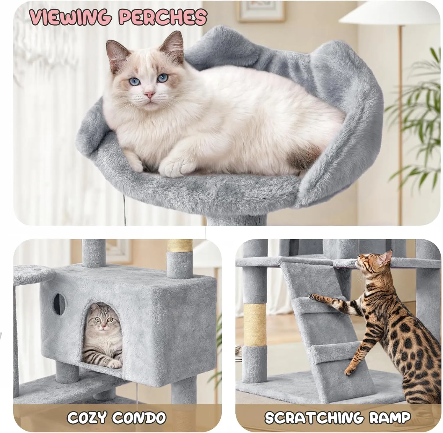 MoNiBloom 60 Inch Cat Tree Tower for Indoor Cats Large Adults, Cat Tower with Scratching Post, Multi-Level Furniture Activity Center with Cat Condo Pet Play House, Light Grey