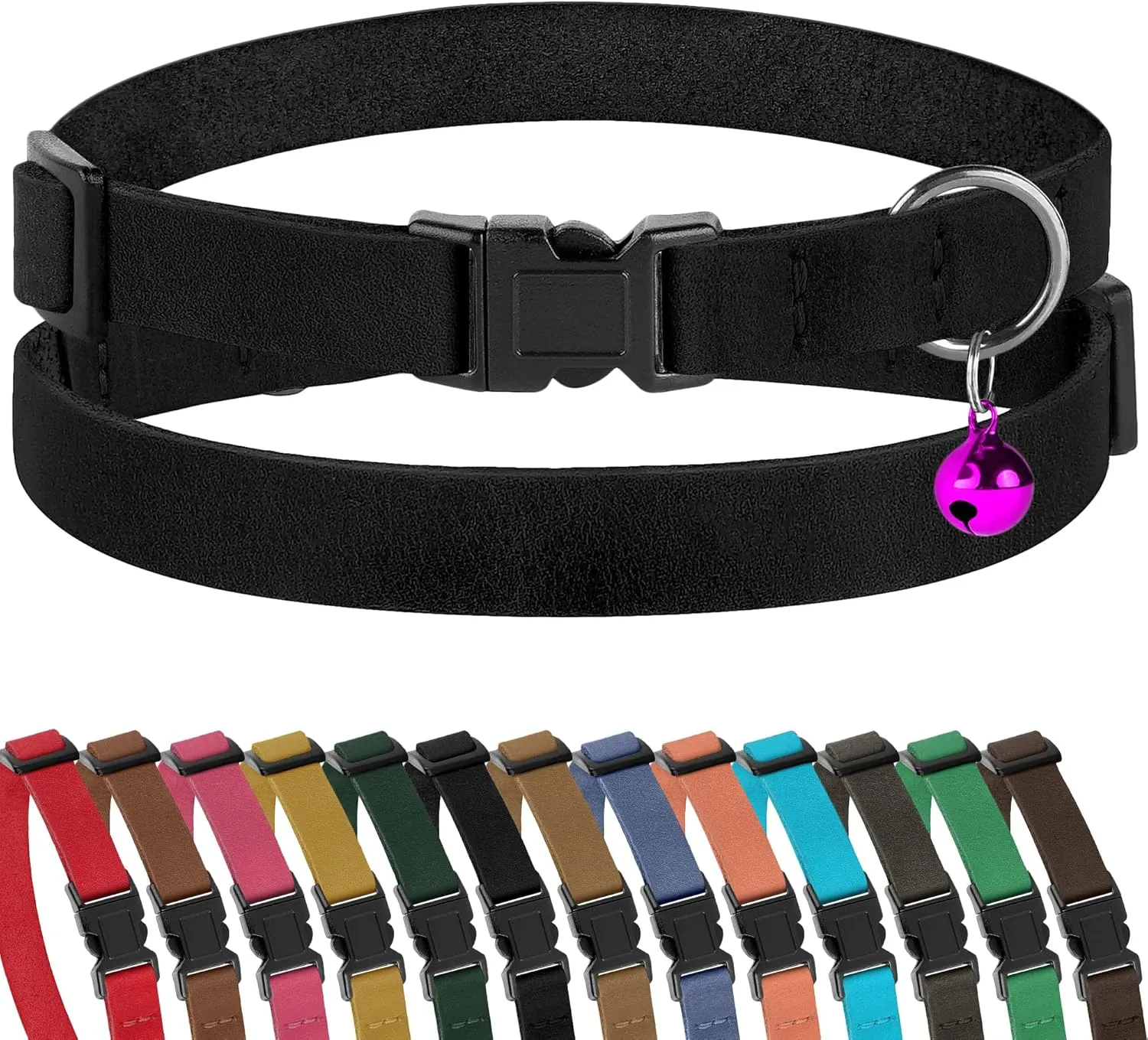 Muromto Breakaway Cat Collar Leather Soft Adjustable Pet Kitten Collars with Bell Pink Brown Blue Green Red (Black)