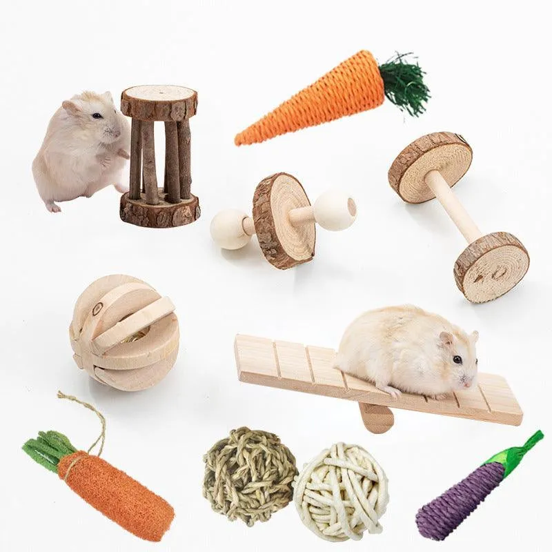 Natural Wood Pet Toy Set: Interactive Playtime Fun for Hamsters, Rabbits, Guinea Pigs, Parrots, Cats, and Dogs