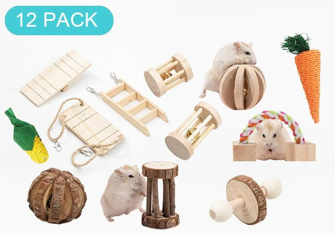Natural Wood Pet Toy Set: Interactive Playtime Fun for Hamsters, Rabbits, Guinea Pigs, Parrots, Cats, and Dogs