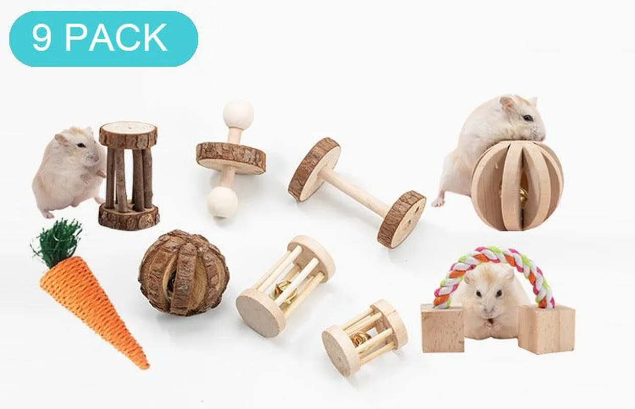 Natural Wood Pet Toy Set: Interactive Playtime Fun for Hamsters, Rabbits, Guinea Pigs, Parrots, Cats, and Dogs