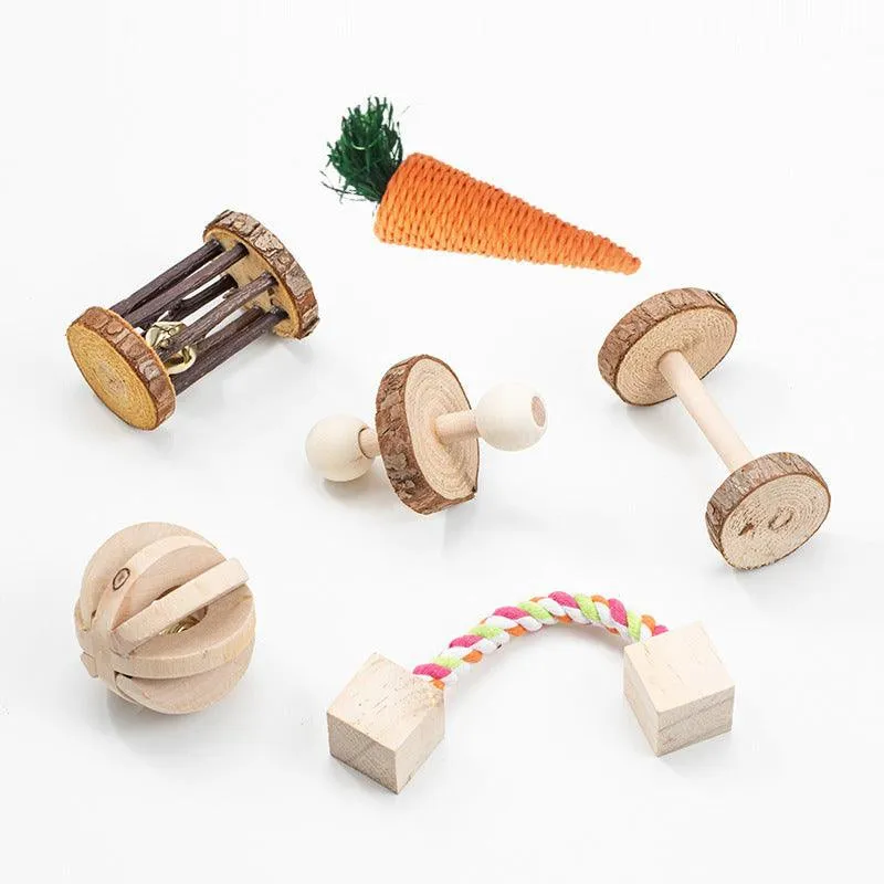 Natural Wood Pet Toy Set: Interactive Playtime Fun for Hamsters, Rabbits, Guinea Pigs, Parrots, Cats, and Dogs