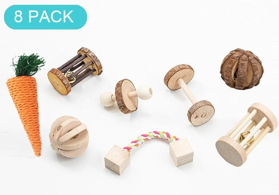 Natural Wood Pet Toy Set: Interactive Playtime Fun for Hamsters, Rabbits, Guinea Pigs, Parrots, Cats, and Dogs