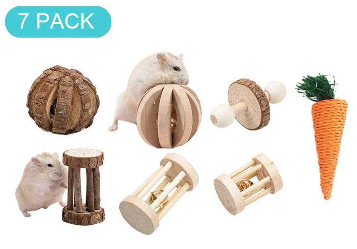 Natural Wood Pet Toy Set: Interactive Playtime Fun for Hamsters, Rabbits, Guinea Pigs, Parrots, Cats, and Dogs
