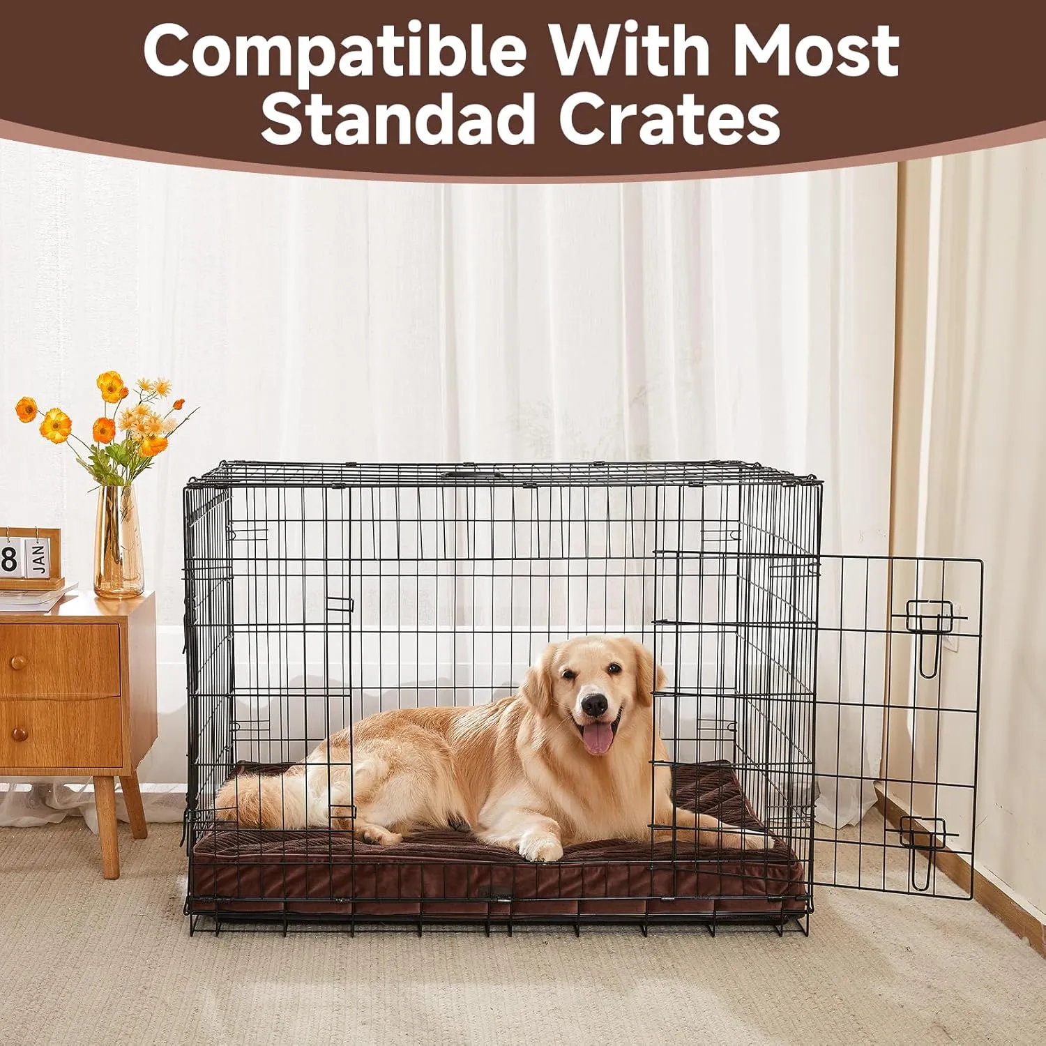 OhGeni Orthopedic Waterproof & Machine Washable Dog Bed for Large Pets, Suitable for Crates, 25D Egg Crate Foam, Non-Slip Bottom & Removable Cover, Invisible Zipper, 41 Inches(Brown)