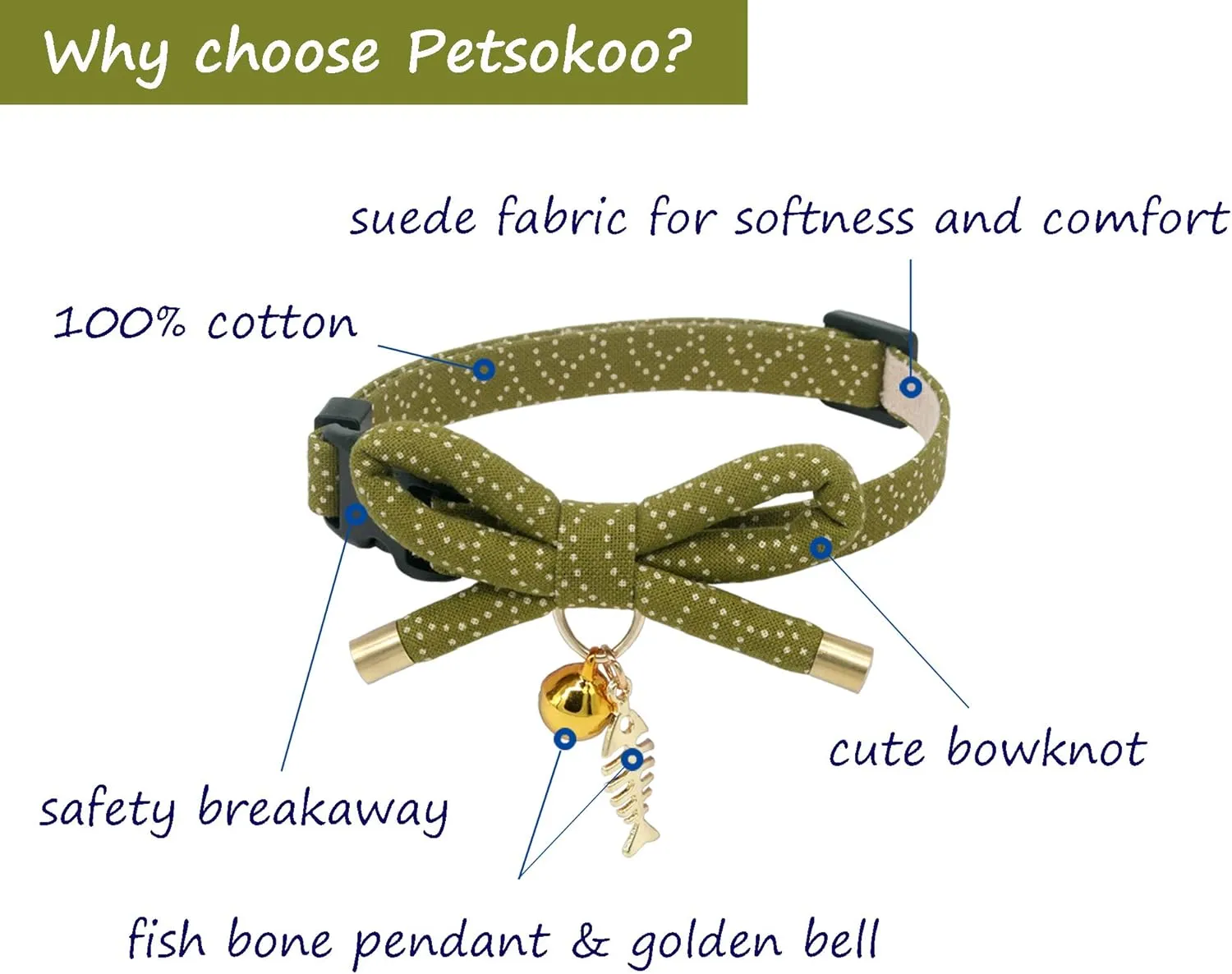 PetSoKoo Cute Bowtie Cat Collar with Bell. Japanese Stylish Bowknot & Fish Charm. Safety Breakaway, Soft, Lightweight, for Girl Boy Male Female Cats Kitten,Green