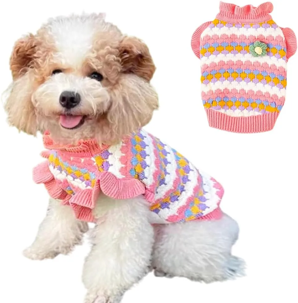 Pink Small Dog Sweater Female, Knitted Cat Sweater, Fall Girl Puppy Clothes, Turtleneck Doggy Cable Knitwear, Warm Pet Clothing for Chihuahua Yorkie Bulldog Teacup (Pink, Large)