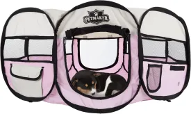 Portable Puppy Playpen - Small Pop-Up Play Yard for Pets Up to 25lbs with Mesh Windows, 2 Pockets, Zippered Roof, and Carry Bag by PETMAKER (Pink)