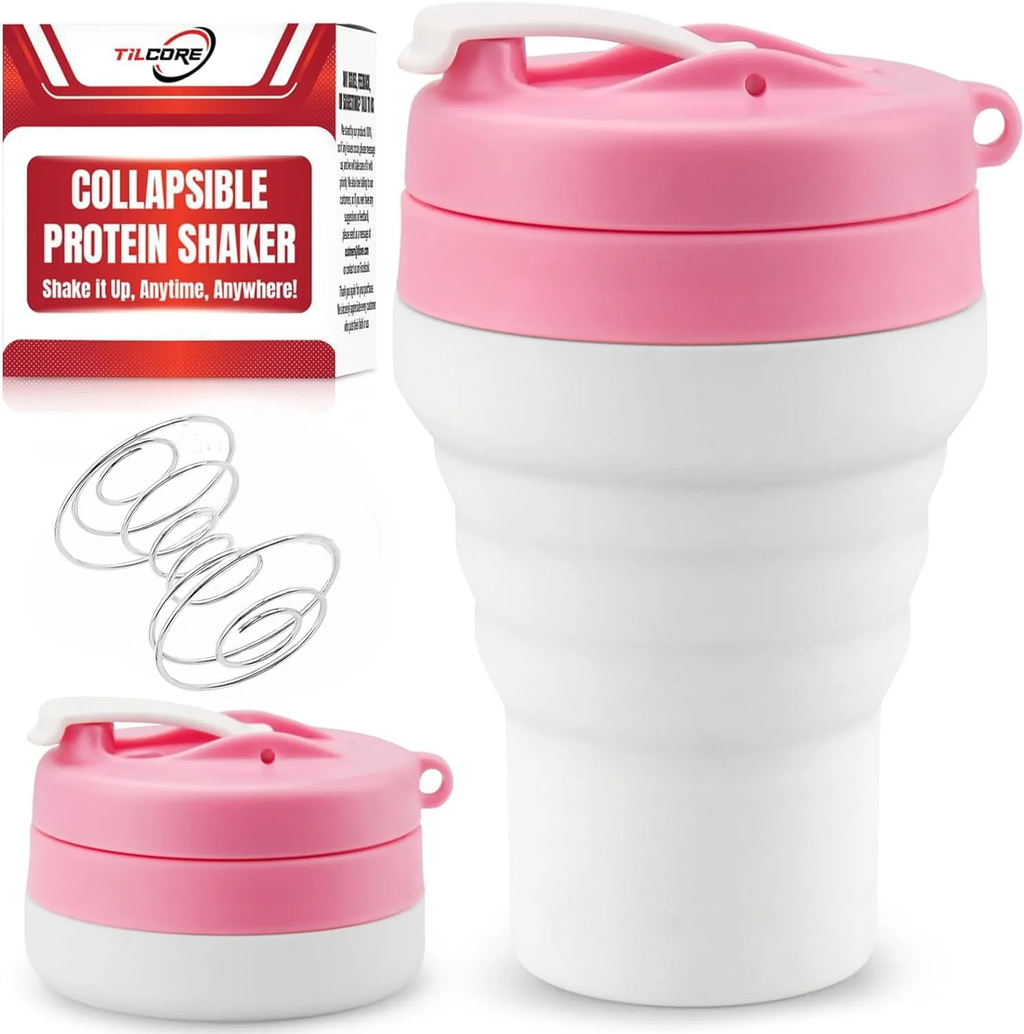 Protein Shaker Bottle Pink Collapsible - Food-Grade, Leakproof Lid 600mL 20oz Pink Shaker - Reusable Silicone Shaker Cups for Protein Shakes