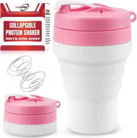 Protein Shaker Bottle Pink Collapsible - Food-Grade, Leakproof Lid 600mL 20oz Pink Shaker - Reusable Silicone Shaker Cups for Protein Shakes