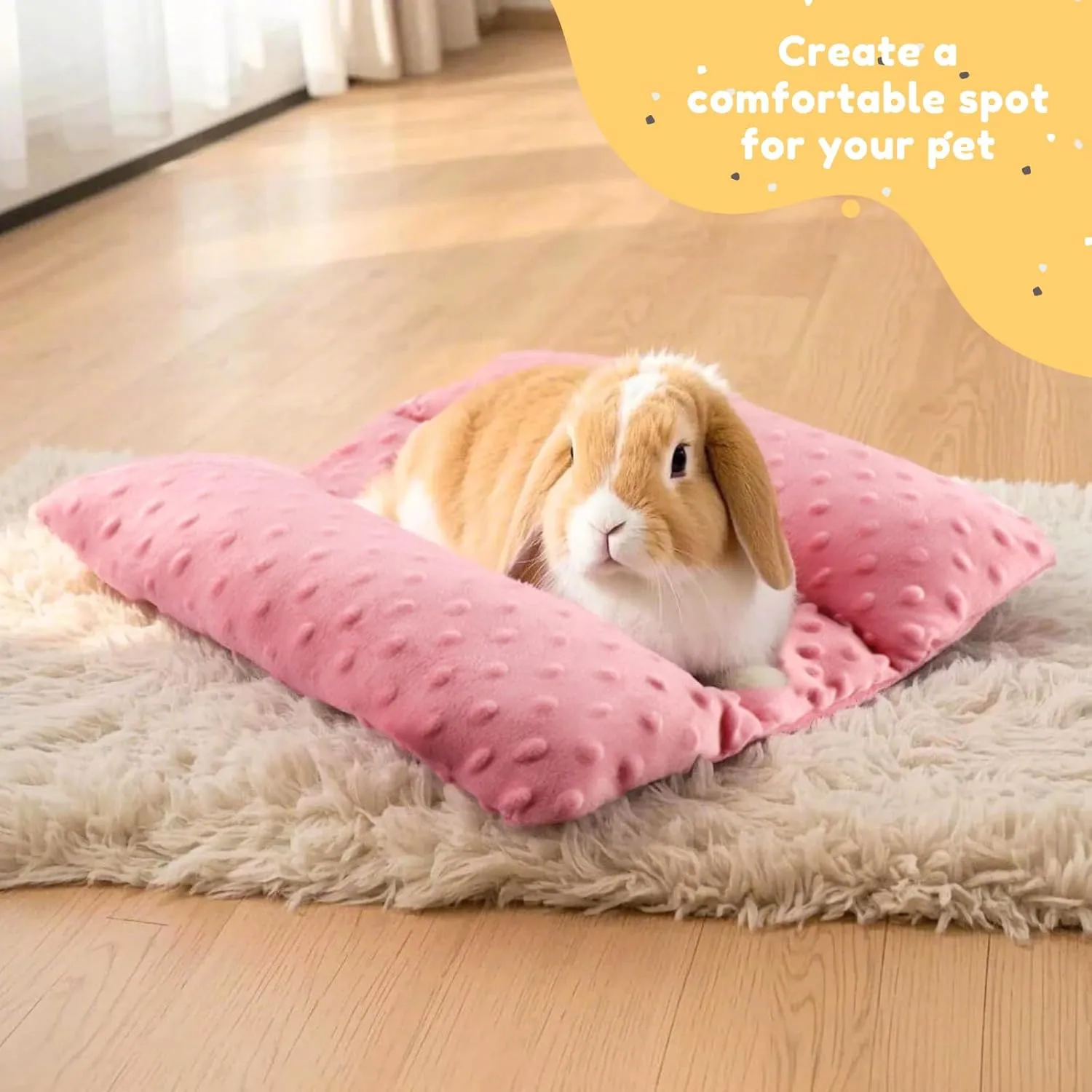 Rabbit Bed with Pillows, 16 x 14 Inches - Thickened Plush Mat Washable Indoor Cage Sleeping Lounger Pad for Bunnies, Guinea Pigs & More Small Pets