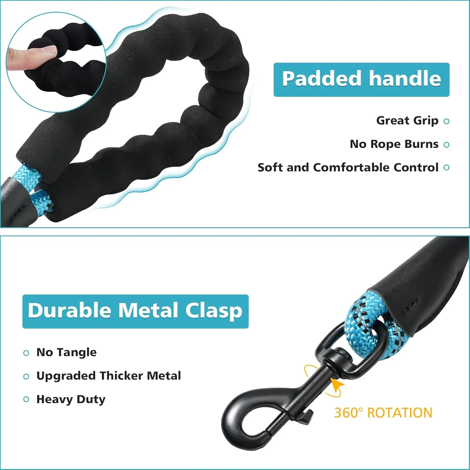 Rttochfy Rope Dog Leash 2/4/5/6/8/10 FT with Comfortable Padded Handle and Highly Reflective Threads for Small Medium and Large Dogs Heavy Duty (1/2"-5 FT, Blue)