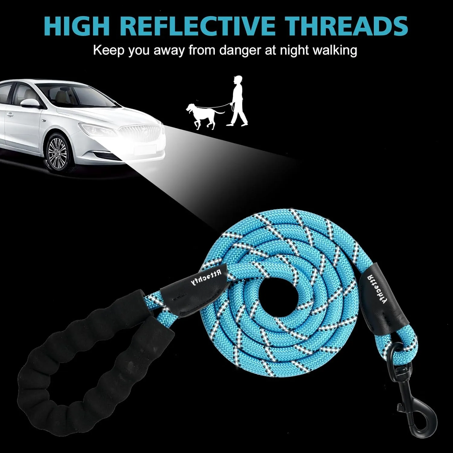 Rttochfy Rope Dog Leash 2/4/5/6/8/10 FT with Comfortable Padded Handle and Highly Reflective Threads for Small Medium and Large Dogs Heavy Duty (1/2"-5 FT, Blue)