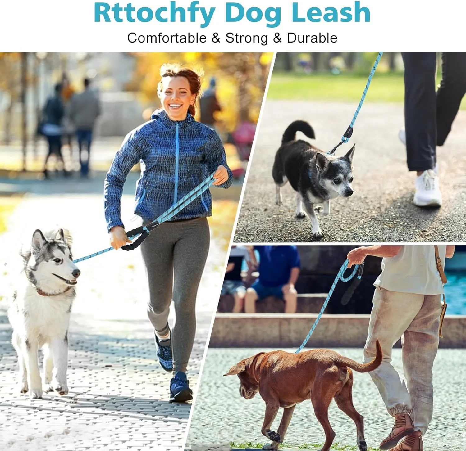 Rttochfy Rope Dog Leash 2/4/5/6/8/10 FT with Comfortable Padded Handle and Highly Reflective Threads for Small Medium and Large Dogs Heavy Duty (1/2"-5 FT, Blue)