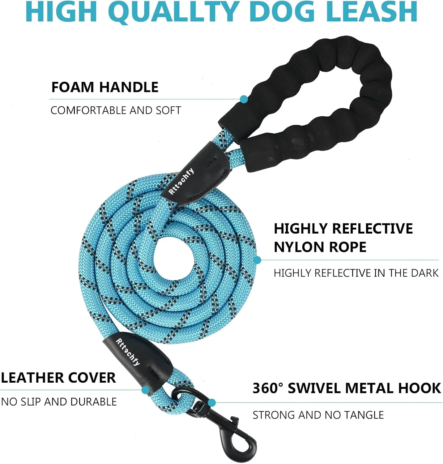Rttochfy Rope Dog Leash 2/4/5/6/8/10 FT with Comfortable Padded Handle and Highly Reflective Threads for Small Medium and Large Dogs Heavy Duty (1/2"-5 FT, Blue)