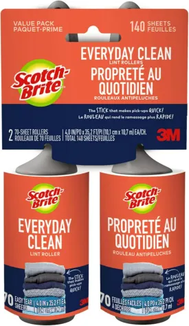 Scotch-Brite Everyday Clean Lint Roller, Lint Remover for Pet Hair, Dark Clothes, Furniture, and Dusty Surfaces, Picks Up Fur & Fluff in Your Home, Car, & Office, 2 Pack, 140 Adhesive Sheets Total