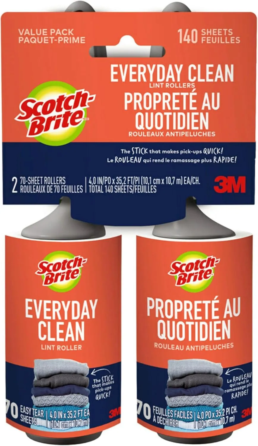Scotch-Brite Everyday Clean Lint Roller, Lint Remover for Pet Hair, Dark Clothes, Furniture, and Dusty Surfaces, Picks Up Fur & Fluff in Your Home, Car, & Office, 2 Pack, 140 Adhesive Sheets Total