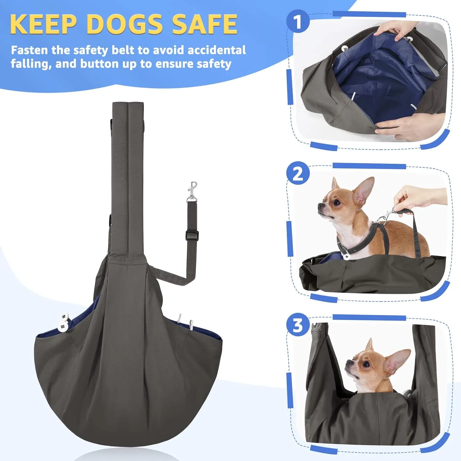 SlowTon Dog Carrier Sling - Thick Padded Shoulder Strap Adjustable Dog Carriers for Small Dogs, Puppy Carrier Purse for Pet Cat with Front Zipper Pocket Safety Belt Machine Washable (Grey L)