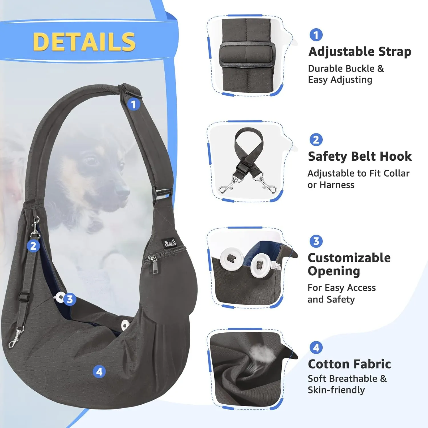 SlowTon Dog Carrier Sling - Thick Padded Shoulder Strap Adjustable Dog Carriers for Small Dogs, Puppy Carrier Purse for Pet Cat with Front Zipper Pocket Safety Belt Machine Washable (Grey M)