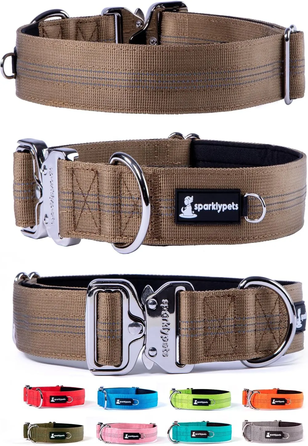 SparklyPets Heavy Duty Wide Dog Collar with Quick Release Chrome Buckle  Tactical Dog Collar with Reflective Stripes & Soft Lining  Thick Dog Collars for Large & Medium Dogs (Brown)