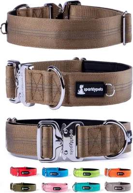 SparklyPets Heavy Duty Wide Dog Collar with Quick Release Chrome Buckle  Tactical Dog Collar with Reflective Stripes & Soft Lining  Thick Dog Collars for Large & Medium Dogs (Brown)