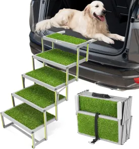 Veehoo Dog Stairs for Car, Aluminum Folding Dog Steps for Truck and SUV, Portable Car Ramp for Large Dogs with Non-Slip Artificial Grass Surface, Supports Up to 200 Lb, 5 Steps