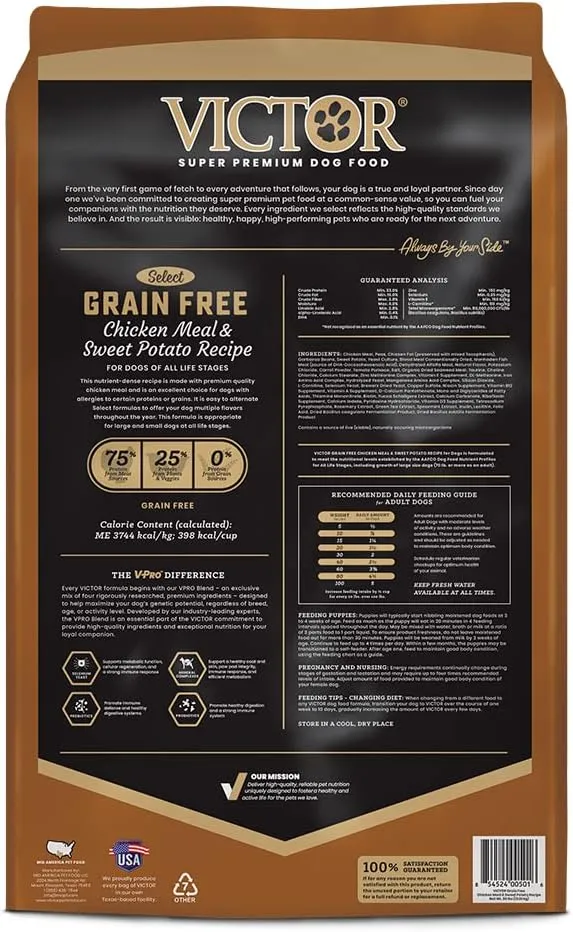 VICTOR Super Premium Dog Food  Grain Free Chicken Meal & Sweet Potato  33% Protein, 16% Fat  Dry Dog Food for Dogs of All Life Stages  High Protein Kibble for All Normally Active Dogs, 30 lb