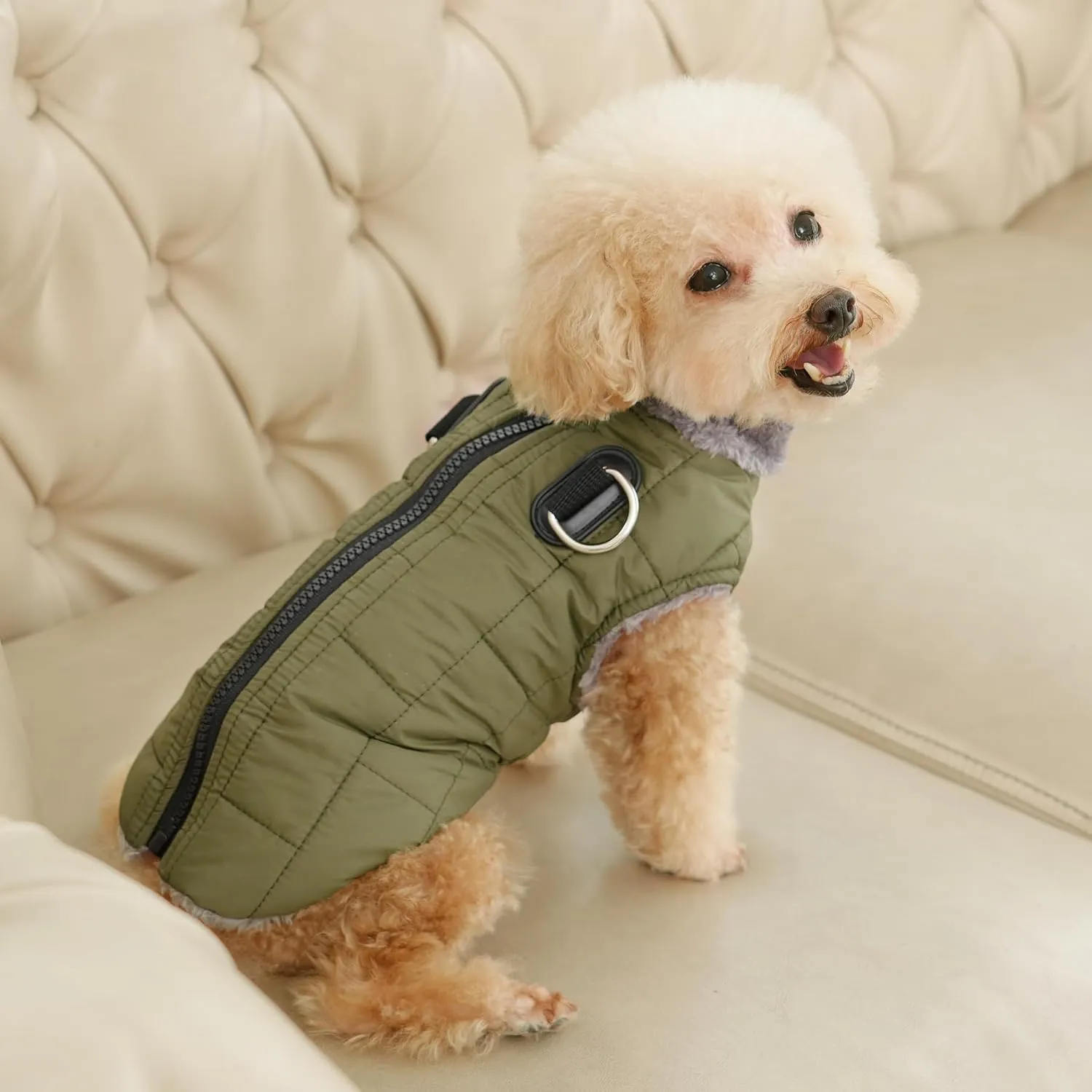 Warm Fleece Dog Coats with Durable Harness Buitl in D-Ring,Waterproof Doggie Jacket for Medium Dogs,Dog Vest for Cold Winter,Green XL