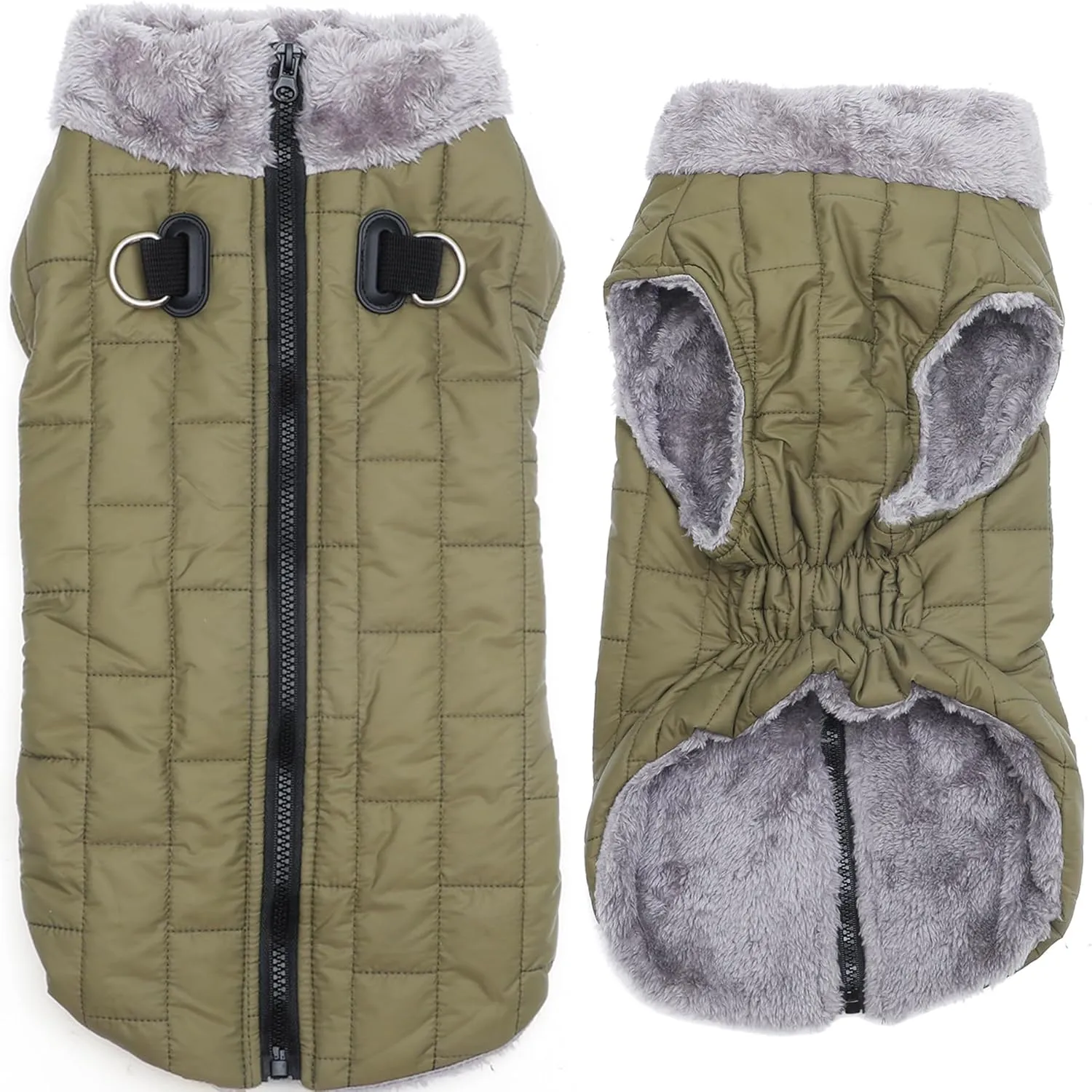 Warm Fleece Dog Coats with Durable Harness Buitl in D-Ring,Waterproof Doggie Jacket for Medium Dogs,Dog Vest for Cold Winter,Green XL