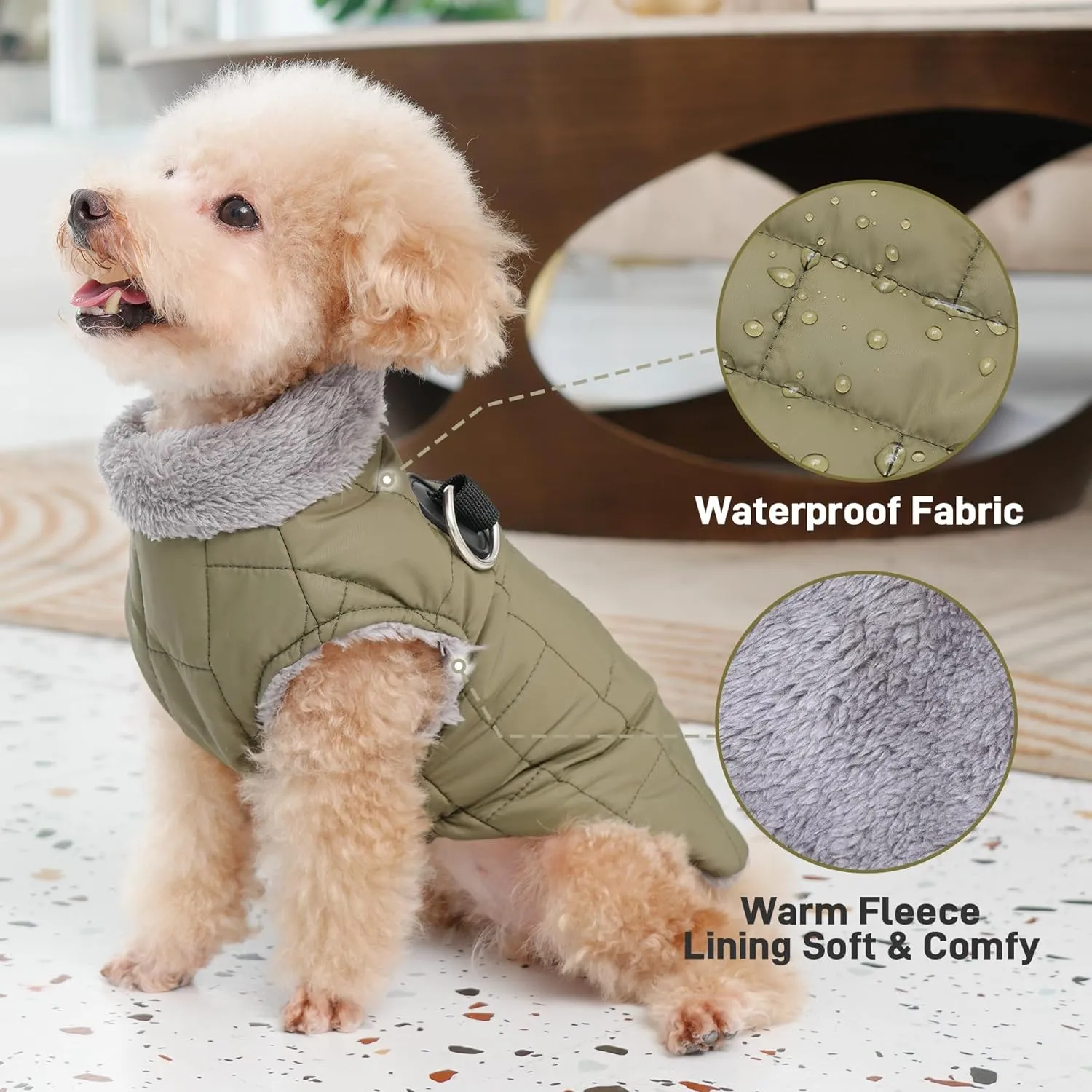 Warm Fleece Dog Coats with Durable Harness Buitl in D-Ring,Waterproof Doggie Jacket for Medium Dogs,Dog Vest for Cold Winter,Green XL