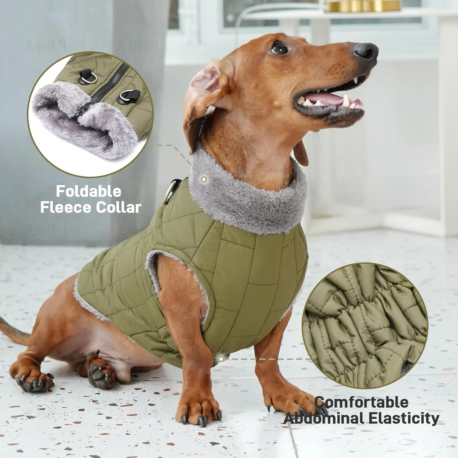 Warm Fleece Dog Coats with Durable Harness Buitl in D-Ring,Waterproof Doggie Jacket for Medium Dogs,Dog Vest for Cold Winter,Green XL