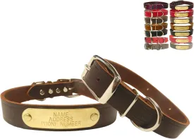 Warner Cumberland Leather Dog Collar Free Engraved Brass ID tag USA (19" for 15-17" Neck, Rich Brown)