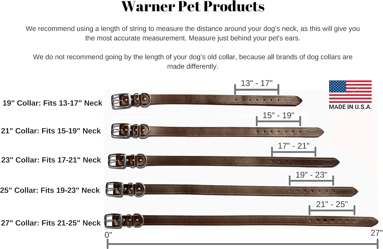 Warner Cumberland Leather Dog Collar Free Engraved Brass ID tag USA (19" for 15-17" Neck, Rich Brown)