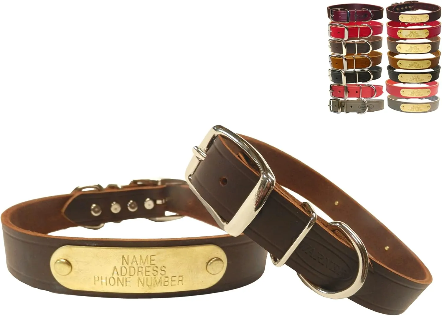 Warner Cumberland Leather Dog Collar Free Engraved Brass ID tag USA (19" for 15-17" Neck, Rich Brown)