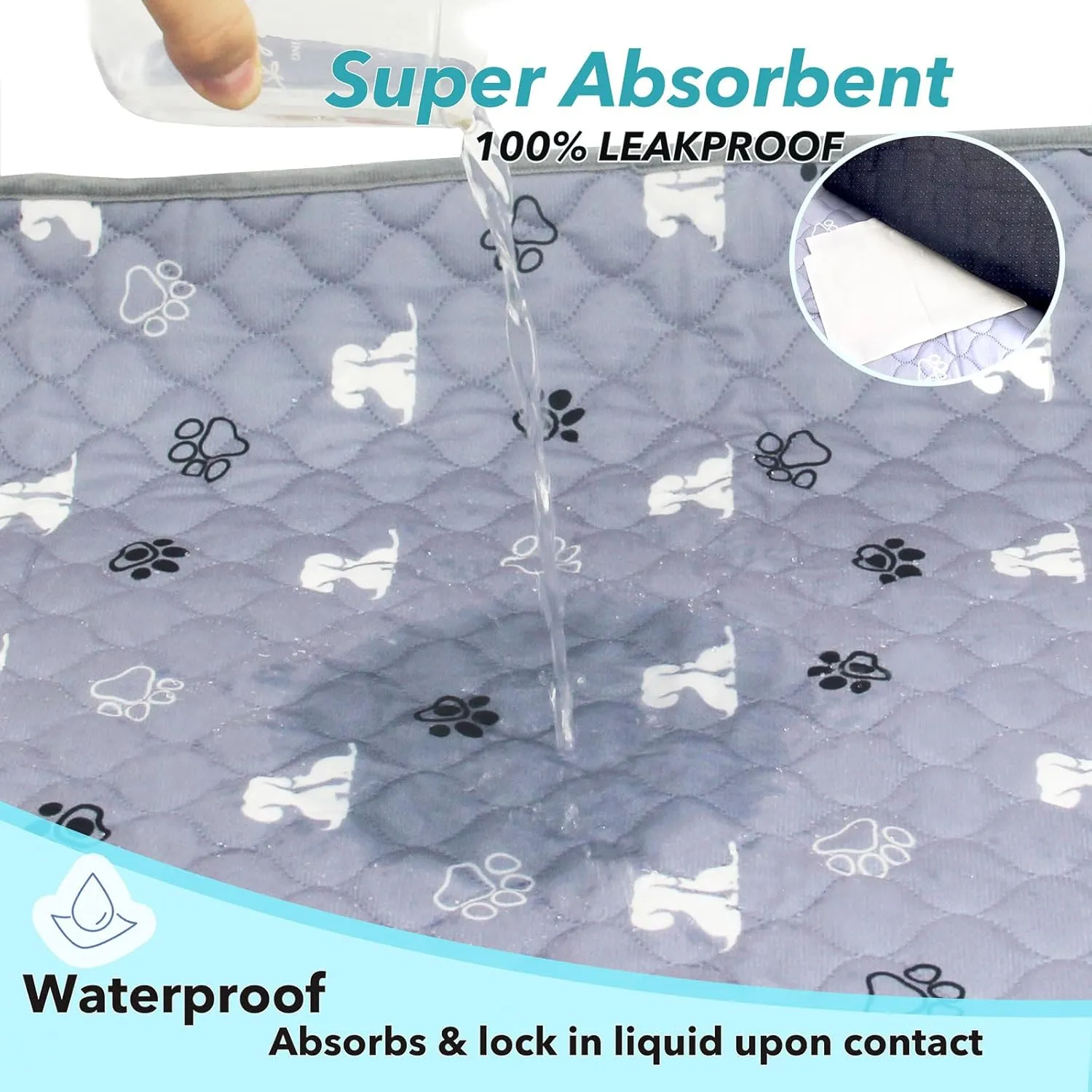 Washable Pee Pads for Dogs, 2 Pack 24"x36" Reusable Puppy Pads Non-Slip Waterproof Pet Training Pads for Whelping, Playpen, Crate and Potty Training, Durable and Absorbent, Grey