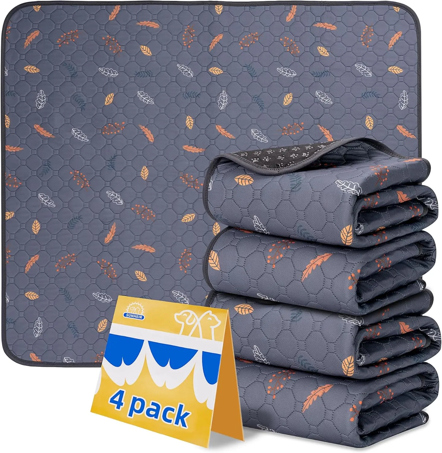 Washable Pee Pads for Dogs 4-Pack Reusable Puppy Pads Pet Training Pads, Waterproof Dog Pee Pads for Crate, Whelping Pad, Non-Slip Protects Against Urine Leakage (Leaves - Deep Grey, 18x24)