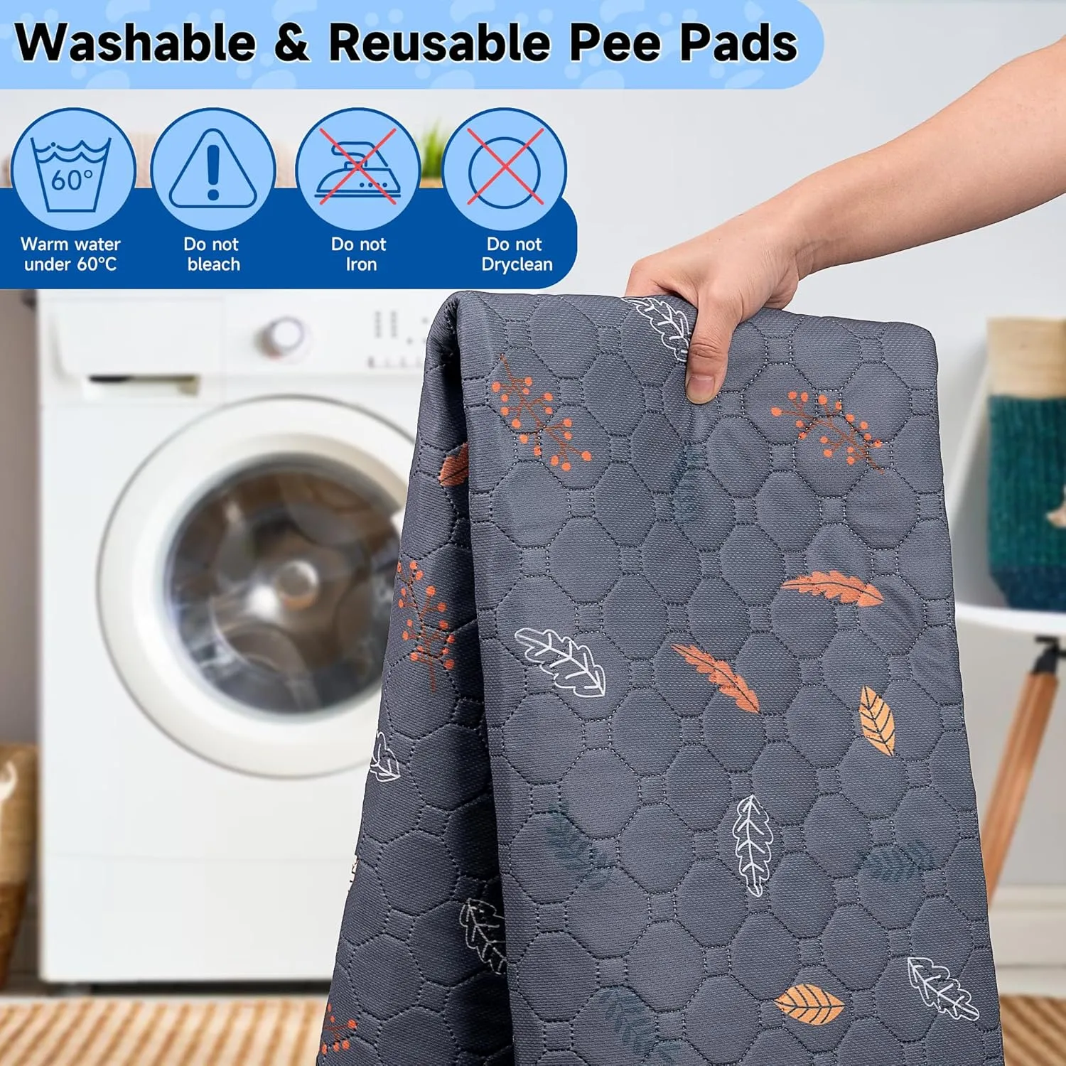 Washable Pee Pads for Dogs 4-Pack Reusable Puppy Pads Pet Training Pads, Waterproof Dog Pee Pads for Crate, Whelping Pad, Non-Slip Protects Against Urine Leakage (Leaves - Deep Grey, 18x24)