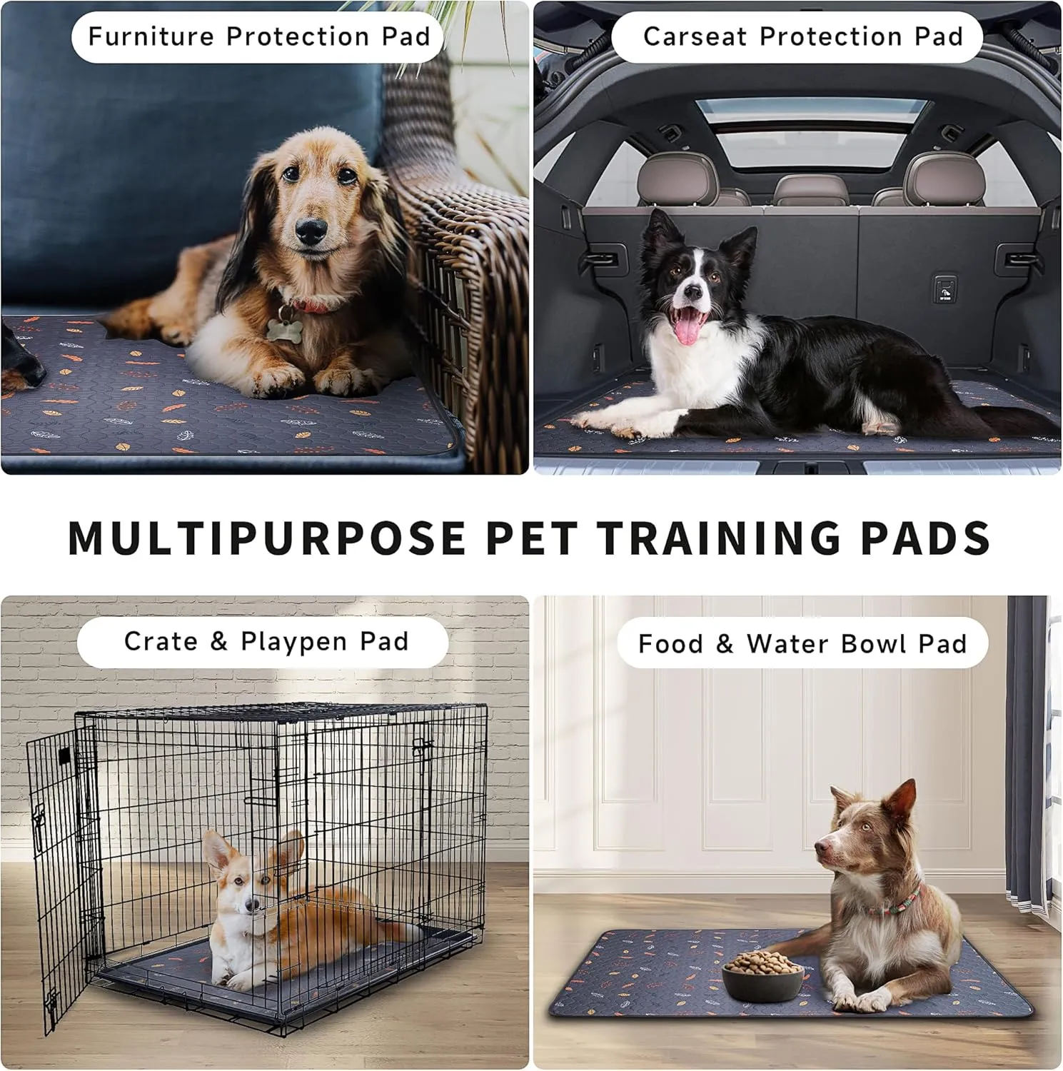 Washable Pee Pads for Dogs 4-Pack Reusable Puppy Pads Pet Training Pads, Waterproof Dog Pee Pads for Crate, Whelping Pad, Non-Slip Protects Against Urine Leakage (Leaves - Deep Grey, 18x24)