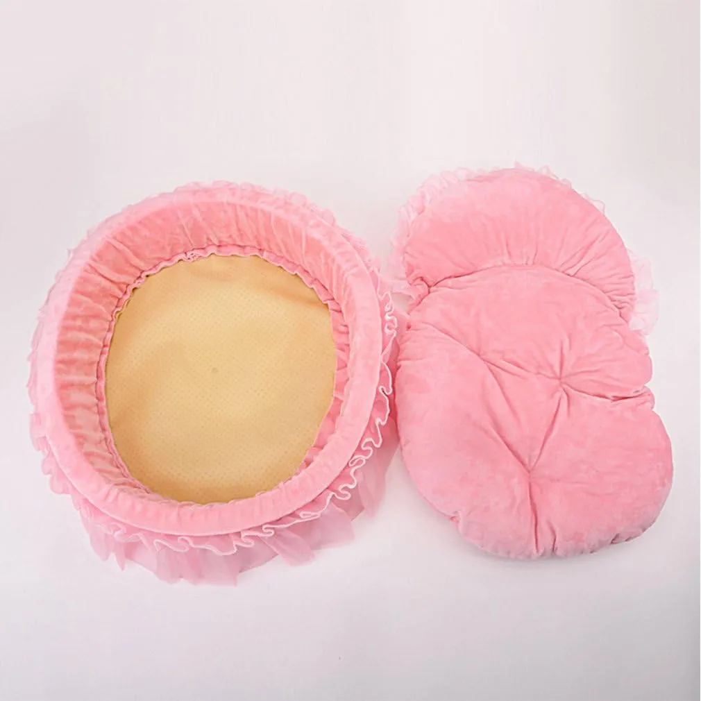 WYSBAOSHU Cute Princess Pet Bed Bow-TIE Lace Cat Sofa Soft Plush Small Dog Cushion Bed Kitten Puppy Round Beds (S, Pink)